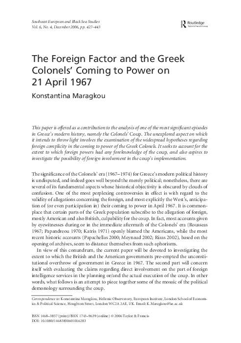 (PDF) The Foreign Factor and the Greek Colonels’ Coming to Power on 21 ...