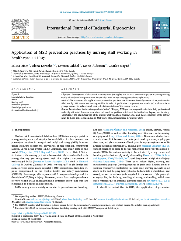 (PDF) Application of MSD prevention practices by nursing staff working ...