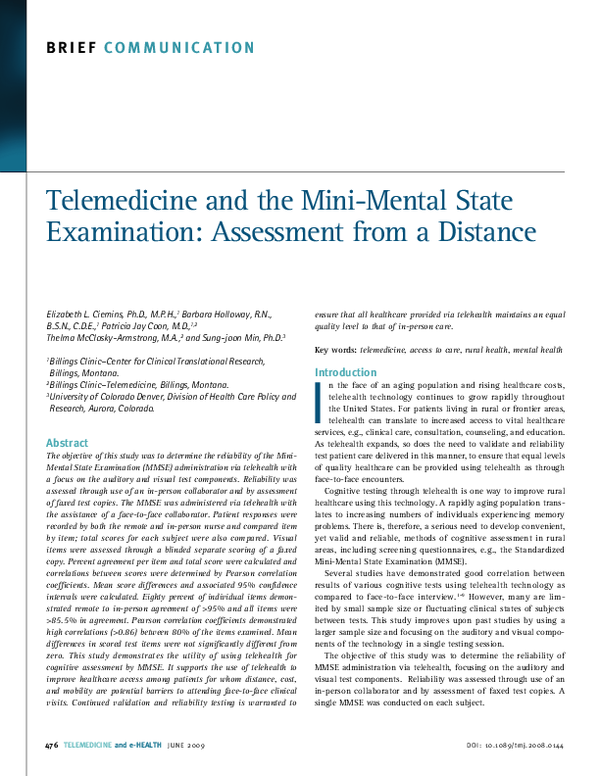 (PDF) Telemedicine and the Mini-Mental State Examination: Assessment ...