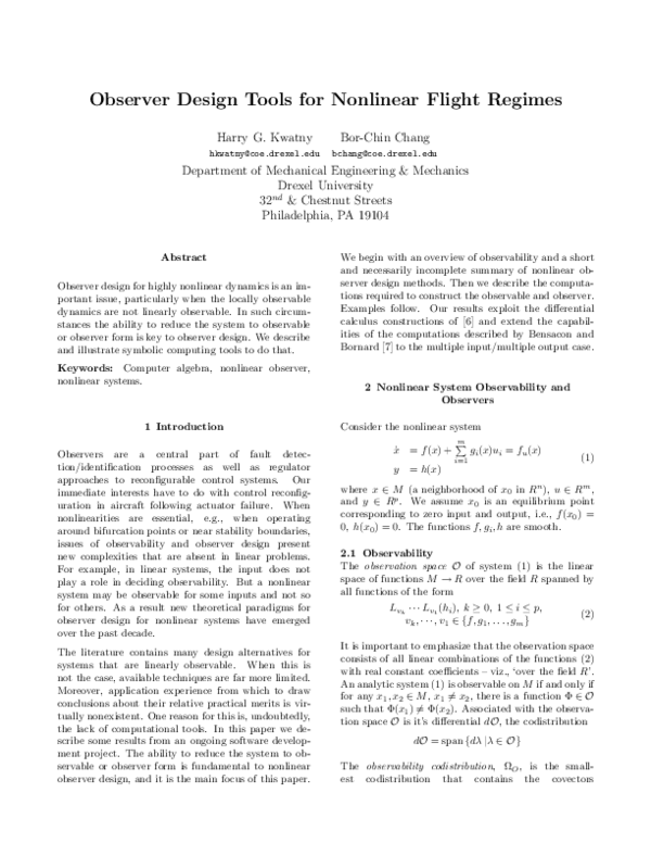 (PDF) Observer design tools for nonlinear flight regimes