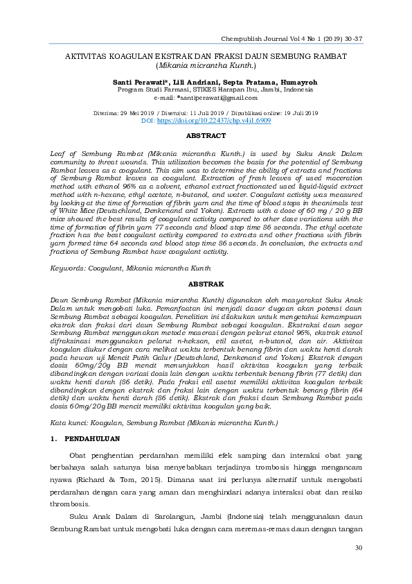 (PDF) Aktivitas Koagulan Ekstrak dan Fraksi Daun Sembung Rambat ...