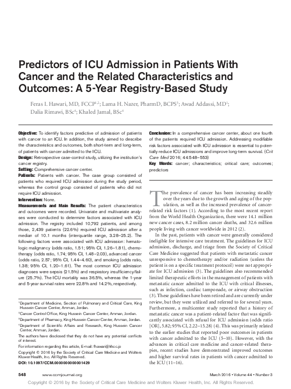 (PDF) Predictors of ICU Admission in Patients With Cancer and the ...