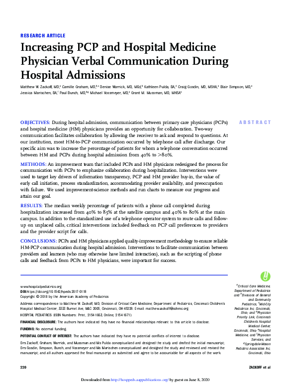 (PDF) Increasing PCP and Hospital Medicine Physician Verbal ...