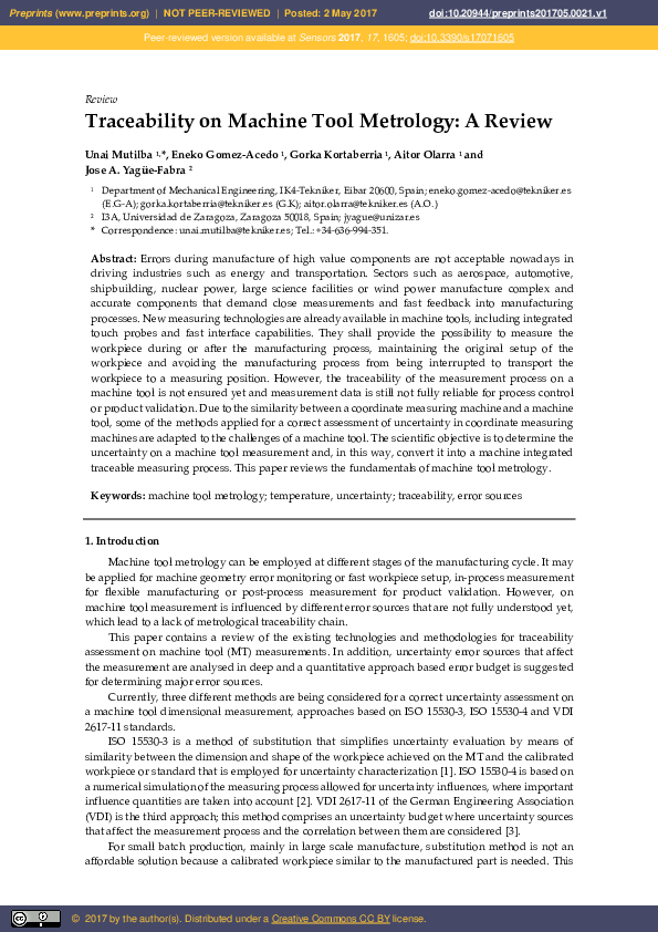 (PDF) Traceability on Machine Tool Metrology: A Review