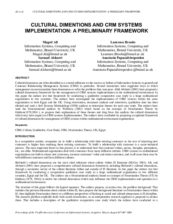 (PDF) Cultural dimensions and CRM systems implementation: a preliminary ...