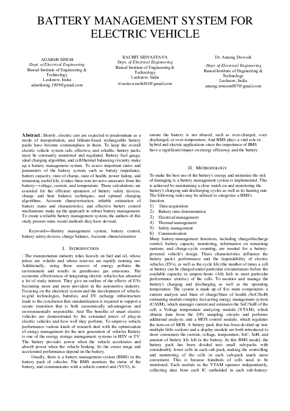(PDF) BATTERY MANAGEMENT SYSTEM FOR ELECTRIC VEHICLE