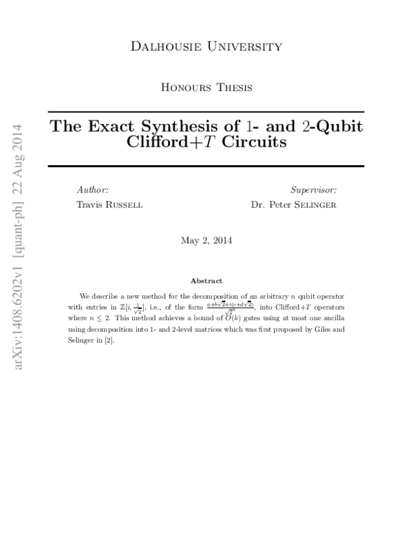 (PDF) The exact synthesis of 1- and 2-qubit Clifford+T circuits