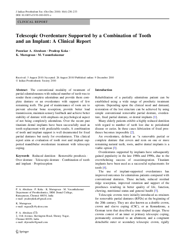 (PDF) Telescopic Overdenture Supported by a Combination of Tooth and an Implant A Clinical