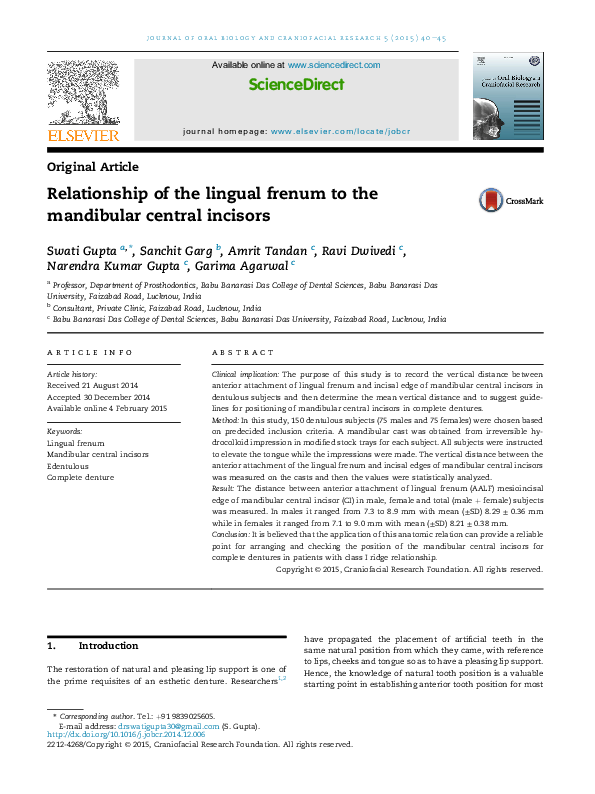 (PDF) Relationship of the lingual frenum to the mandibular central ...
