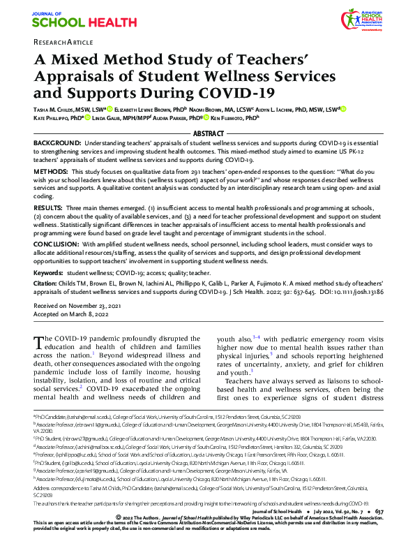 (PDF) A Mixed Method Study of Teachers' Appraisals of Student Wellness ...