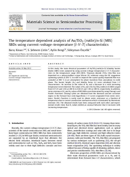 (PDF) The temperature dependent analysis of Au/TiO2 (rutile)/n-Si (MIS ...