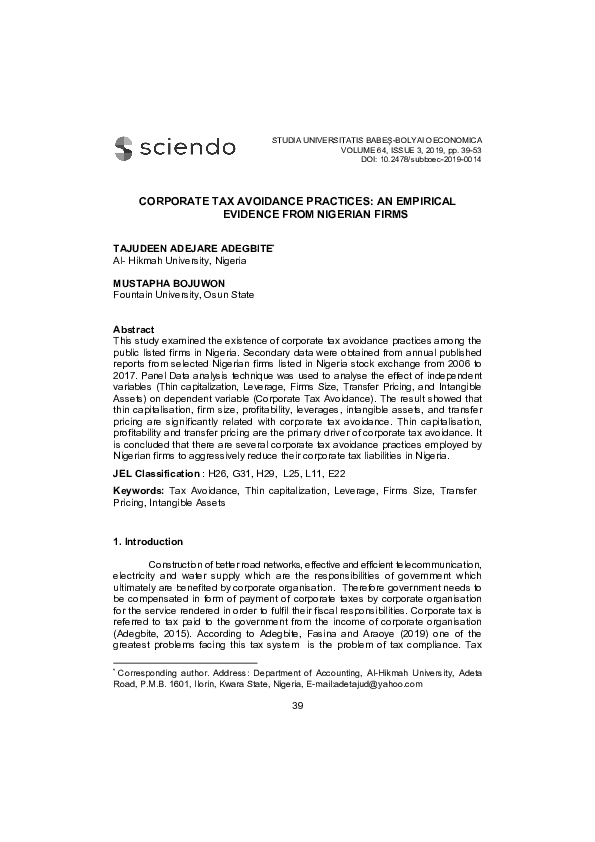 (PDF) Corporate Tax Avoidance Practices: An Empirical Evidence from ...