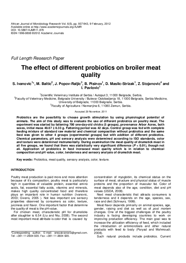 (PDF) The effect of different probiotics on broiler meat quality