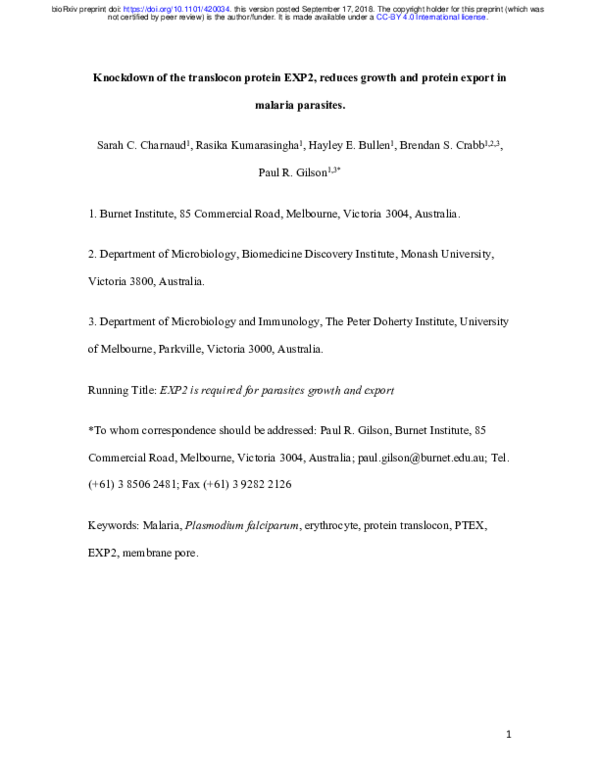 (PDF) Knockdown of the translocon protein EXP2, reduces growth and ...