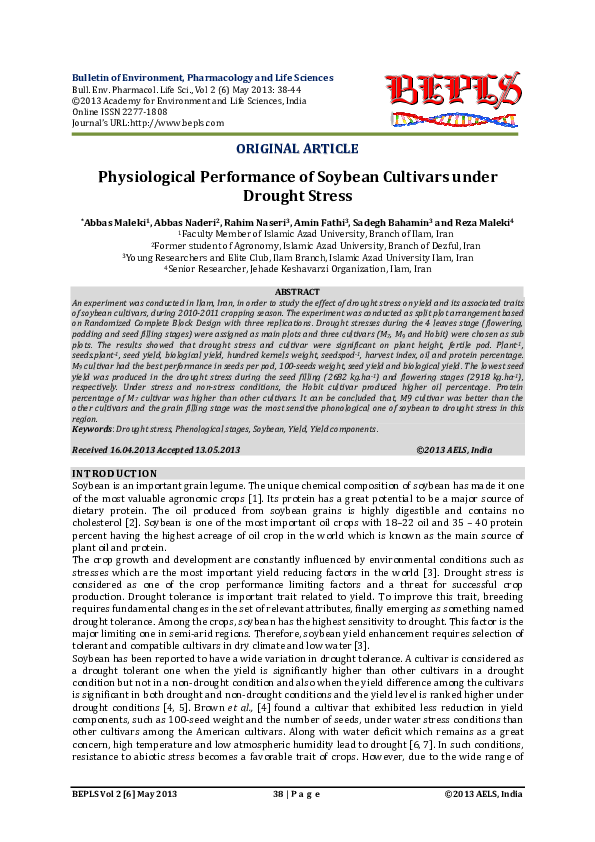 (PDF) Physiological Performance of Soybean Cultivars under Drought Stress