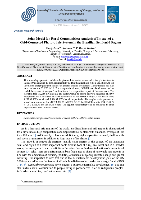 (PDF) Solar Model for Rural Communities: Analysis of Impact of a Grid ...