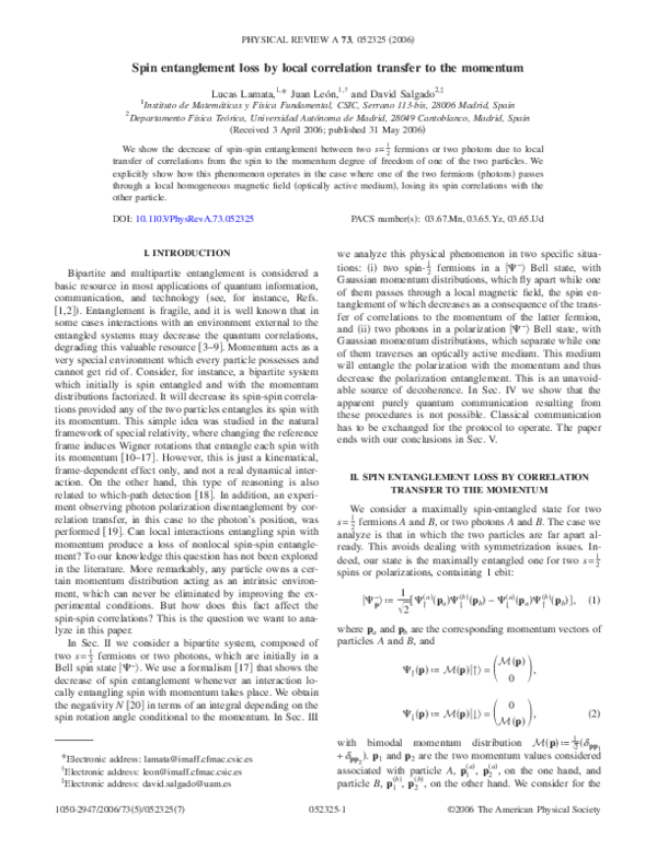 (PDF) Spin entanglement loss by local correlation transfer to the momentum