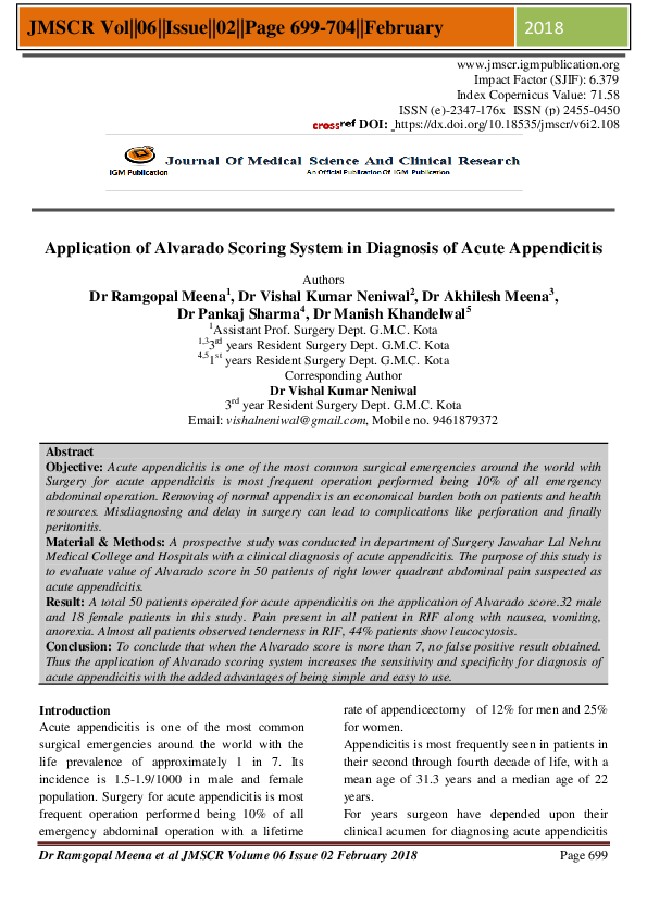 (PDF) Application of Alvarado Scoring System in Diagnosis of Acute ...