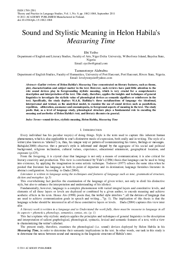 (PDF) Sound and Stylistic Meaning in Helon Habila's Measuring Time