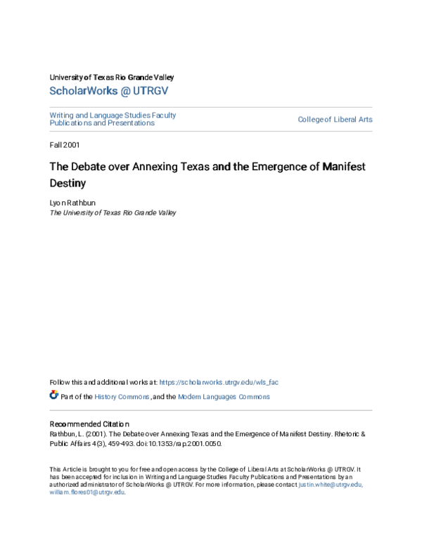 (PDF) The Debate over Annexing Texas and the Emergence of Manifest Destiny