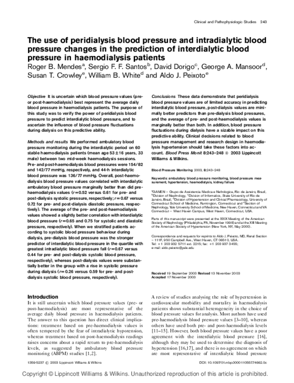 (PDF) The use of peridialysis blood pressure and intradialytic blood ...