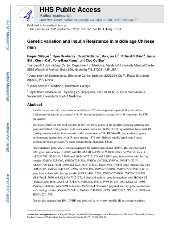 (PDF) Genetic Variation and Insulin Resistance in Middle-Aged Chinese Men