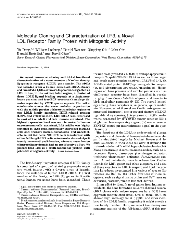 (PDF) Molecular Cloning and Characterization of LR3, a Novel LDL ...
