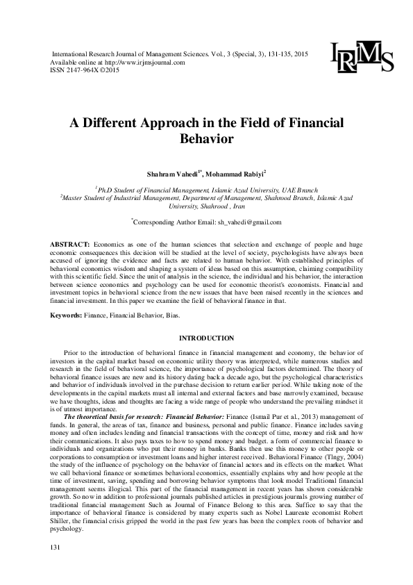 (PDF) A Different Approach in the Field of Financial Behavior