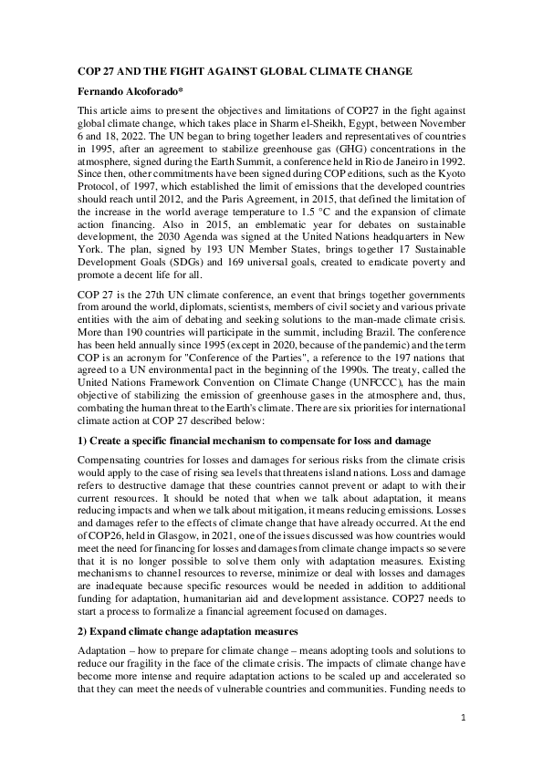 (PDF) COP 27 AND THE FIGHT AGAINST GLOBAL CLIMATE CHANGE