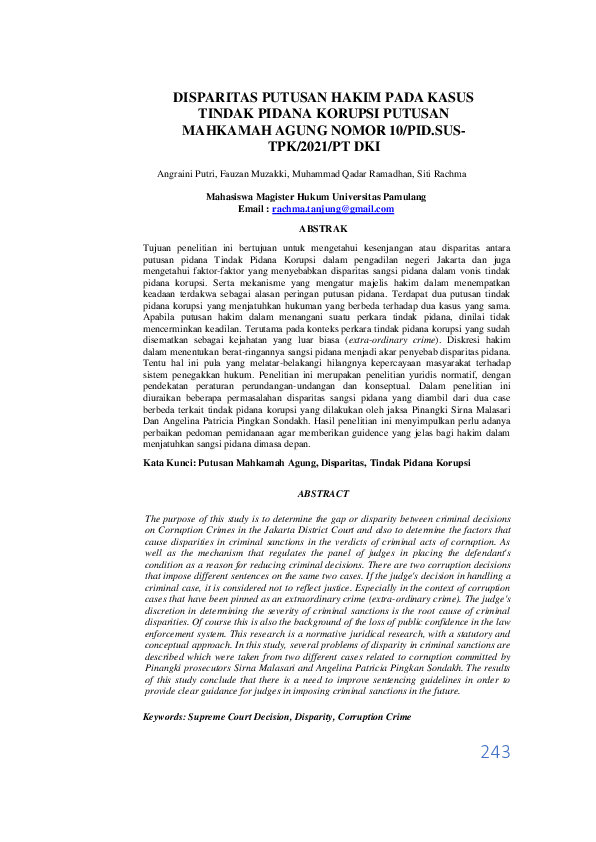 (PDF) Disparitas Putusan Hakim Pada Kasus Tindak Pidana Korupsi Putusan ...