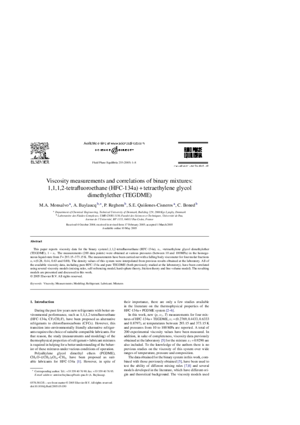 (PDF) Viscosity measurements and correlations of binary mixtures: 1,1,1 ...