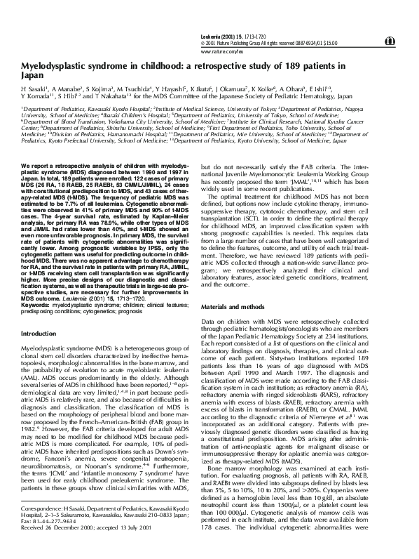(PDF) Myelodysplastic syndrome in childhood: a retrospective study of ...