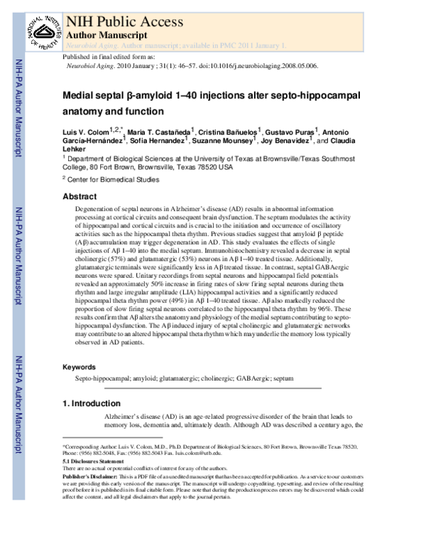 (PDF) Medial septal β-amyloid 1-40 injections alter septo-hippocampal ...