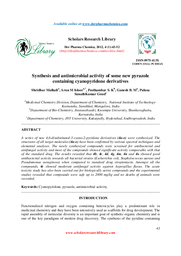 (PDF) Synthesis and antimicrobial activity of some new pyrazole ...
