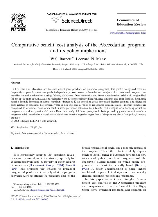 (PDF) Comparative benefit–cost analysis of the Abecedarian program and ...
