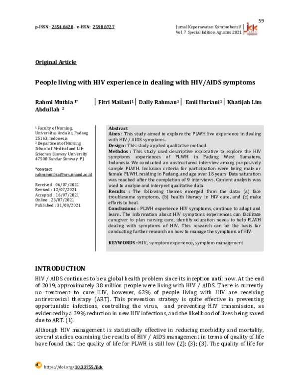 (PDF) People living with HIV experience in dealing with HIV/AIDS symptoms