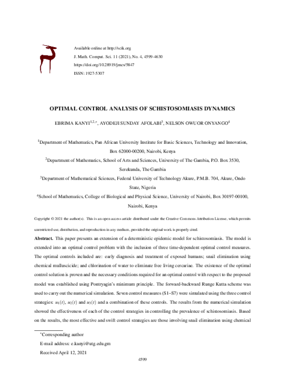 (PDF) Optimal control analysis of schistosomiasis dynamics