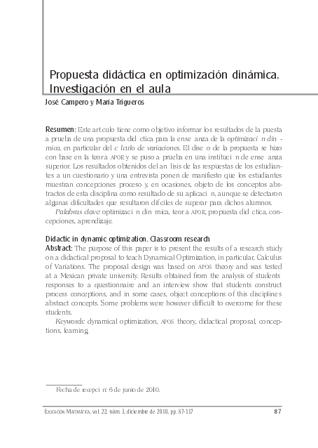 (PDF) Didactic in dynamic optimization. Classroom research