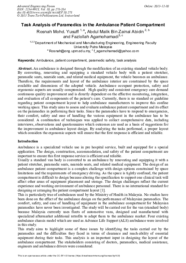 (PDF) Task Analysis of Paramedics in the Ambulance Patient Compartment