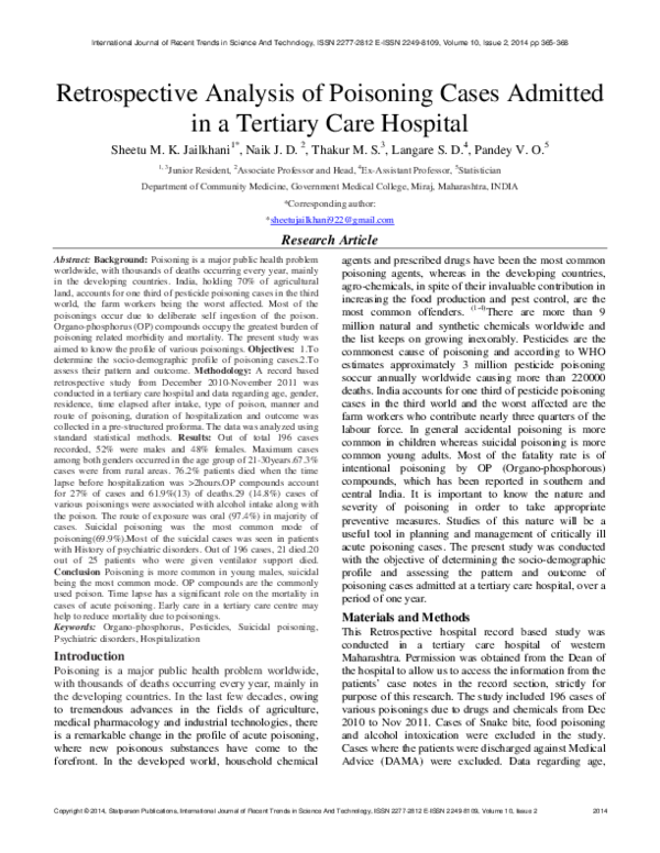 (PDF) Retrospective Analysis of Poisoning Cases Admitted in a Tertiary ...
