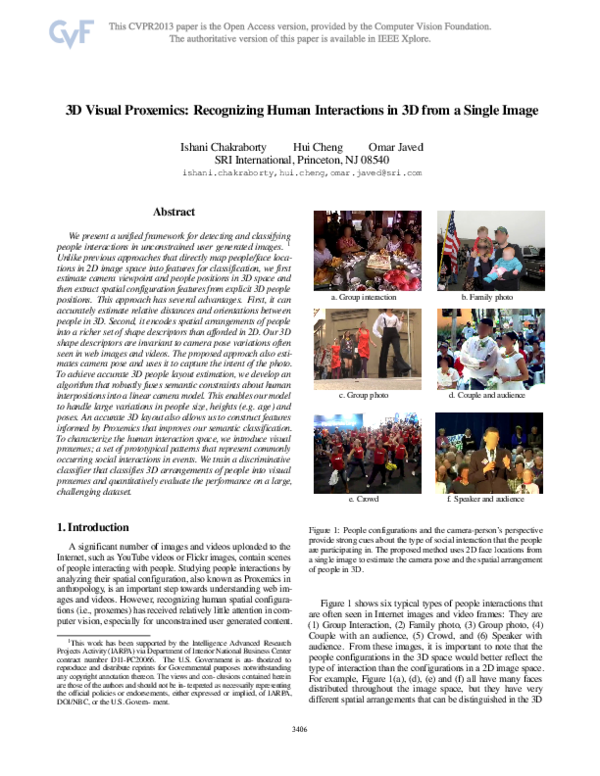 (PDF) 3D Visual Proxemics: Recognizing Human Interactions in 3D from a ...