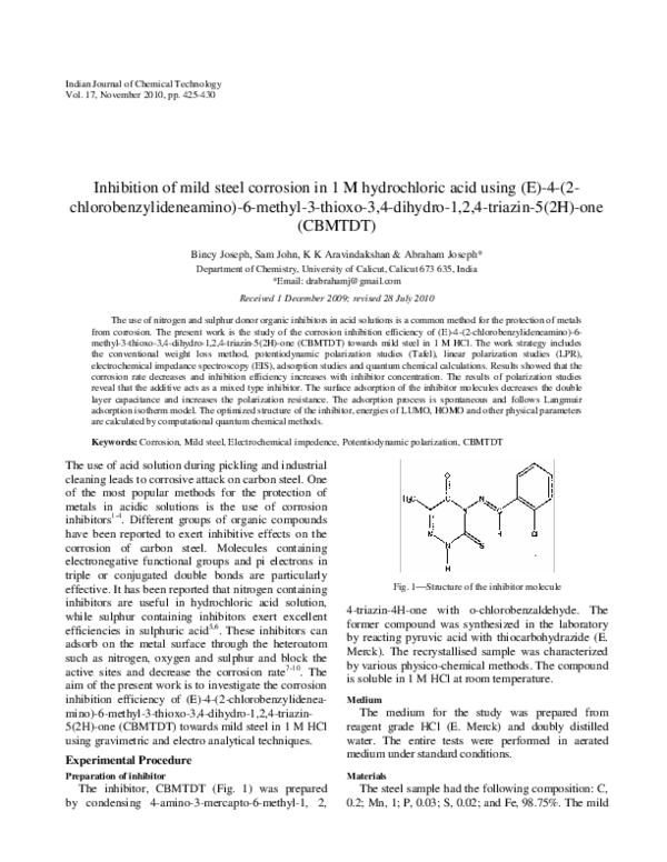 (PDF) Inhibition of Mild Steel Corrosion in 1 M Hydrochloric Acid Using ...