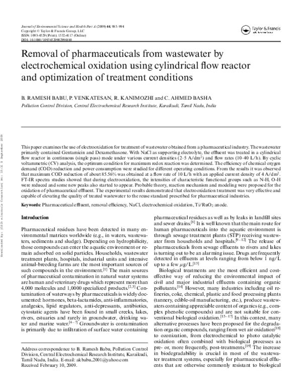 (PDF) Removal of pharmaceuticals from wastewater by electrochemical ...