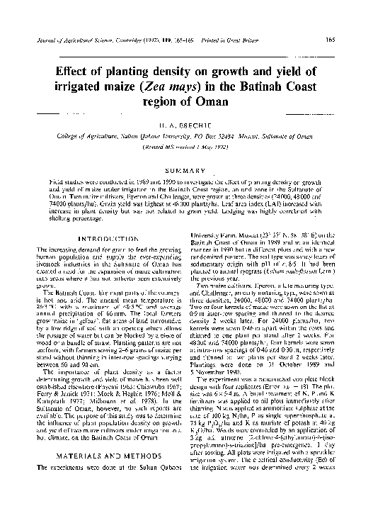(PDF) Effect of planting density on growth and yield of irrigated maize ...