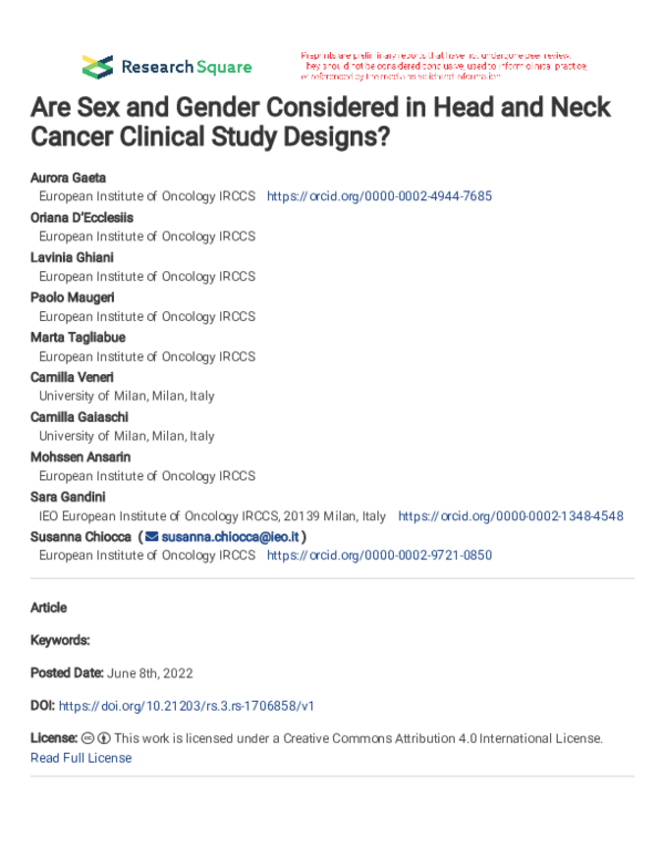 (PDF) Are Sex and Gender Considered in Head and Neck Cancer Clinical ...