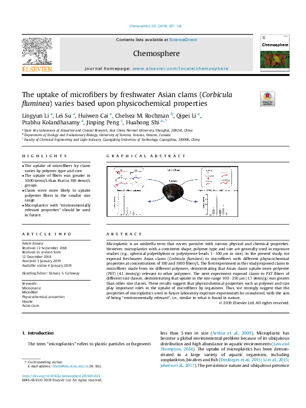 (PDF) The uptake of microfibers by freshwater Asian clams (Corbicula ...