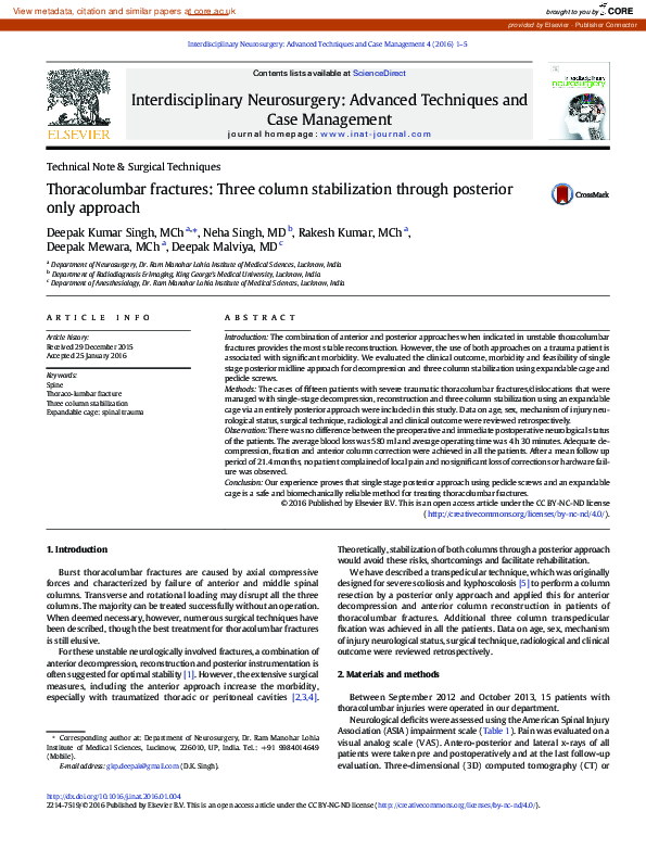 (PDF) Thoracolumbar fractures: Three column stabilization through ...