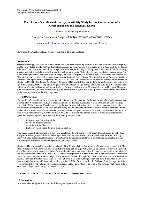 (PDF) Direct Use of Geothermal Energy: Feasibility Study for the ...