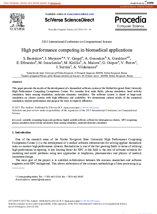 (PDF) High Performance Computing in Biomedical Applications