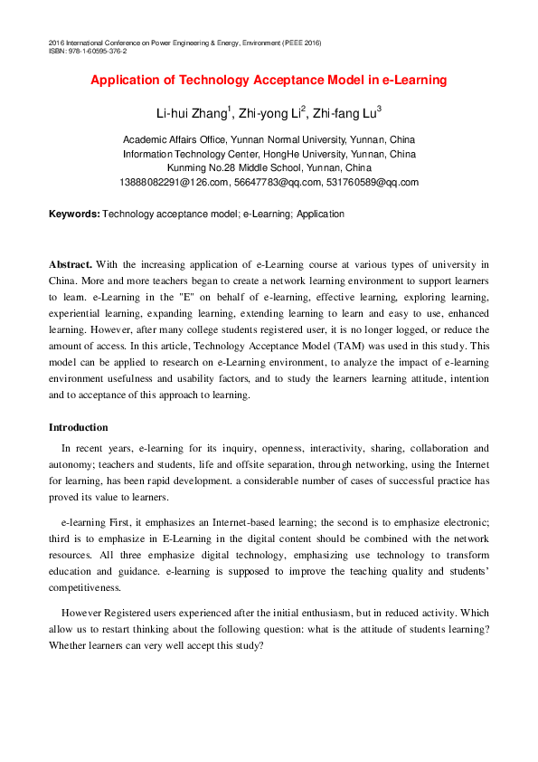 (PDF) Application of Technology Acceptance Model in e-Learning